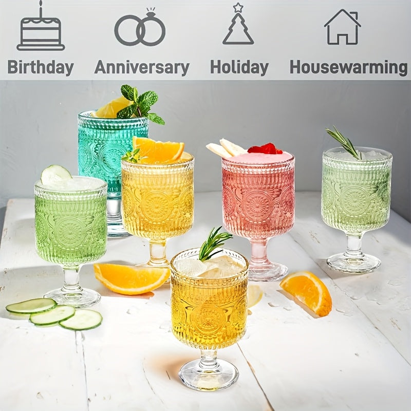 Set of 6/8pcs, Vintage 8 Oz Glasses, Floral Relief Wine Glasses, Transparent Glass Drinkware Set, Drinking Glasses, Bar Glassware for Iced Tea, Wine, Beer, Juice, Cocktail, Whisky