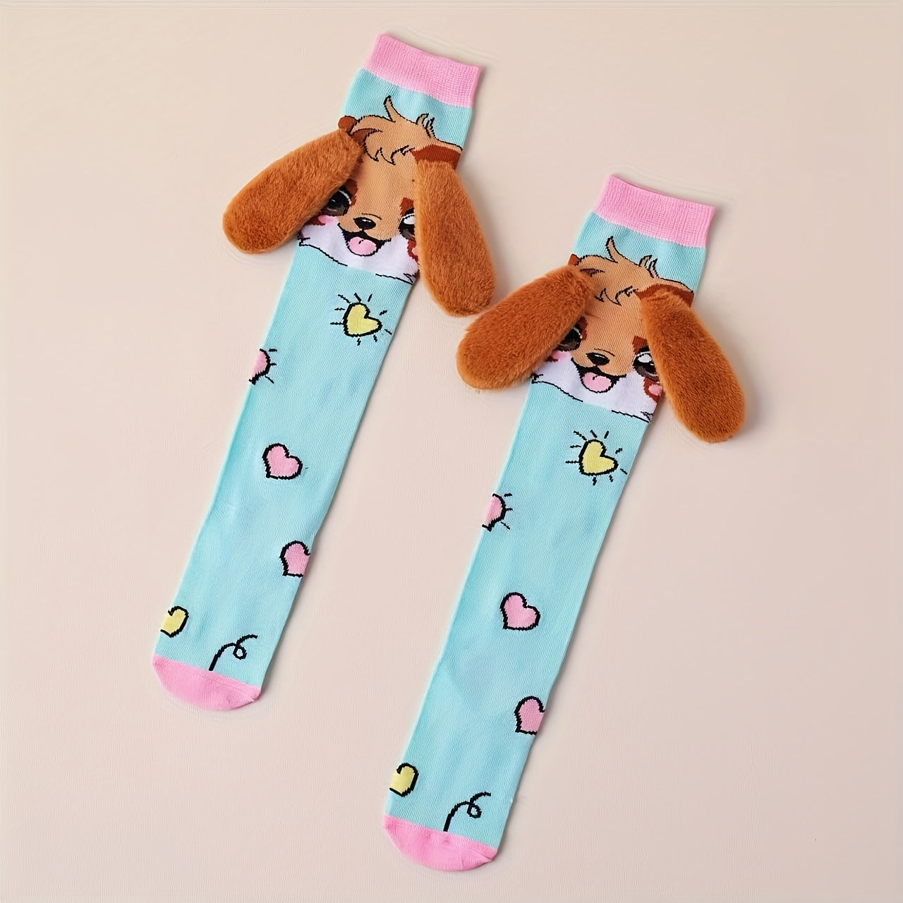1 Pair Cute Cartoon Dog Ear Knee Socks for Girls - Soft Polyester & Spandex Blend, All-Season Comfort, Perfect Gift for Family & Friends, Decorative School & Party Socks, Dog Socks