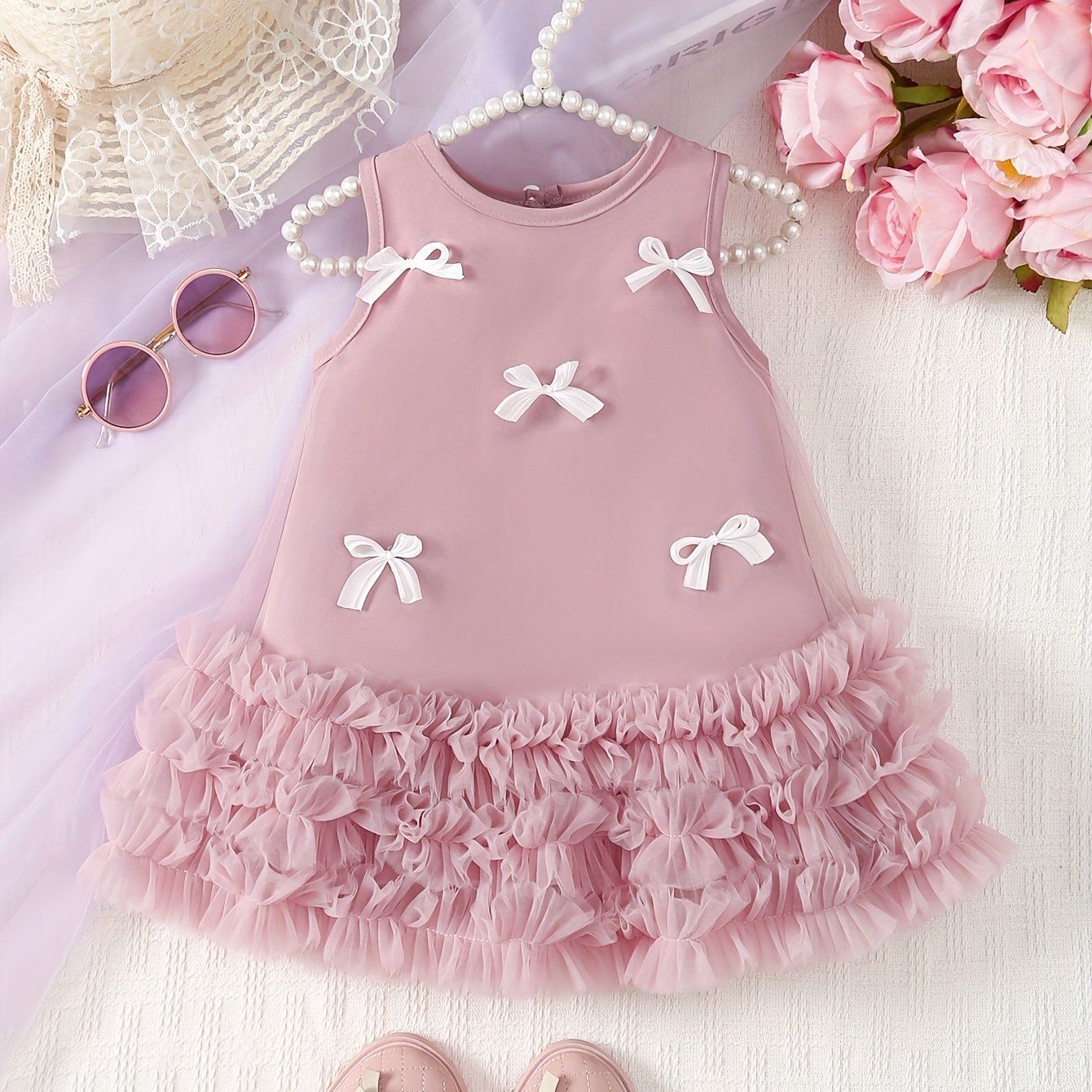Girls' New Customized Light Pink Sleeveless Round Neck Tulle White Bow Pink Mesh Skirt Lace Casual Outdoor Dress