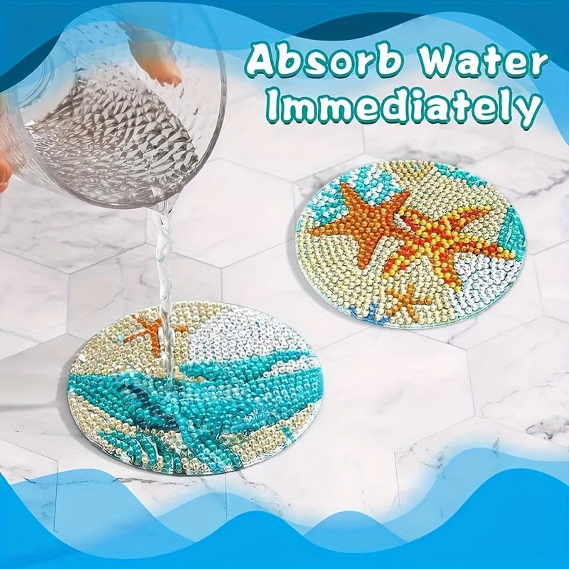 8pcs/set Diamond Painting Kit - DIY White Undersea World Coasters with 10x10cm/3.94x3.94inch Size, Holder, Washable, for Beginners, Adults & Art Craft Supplies