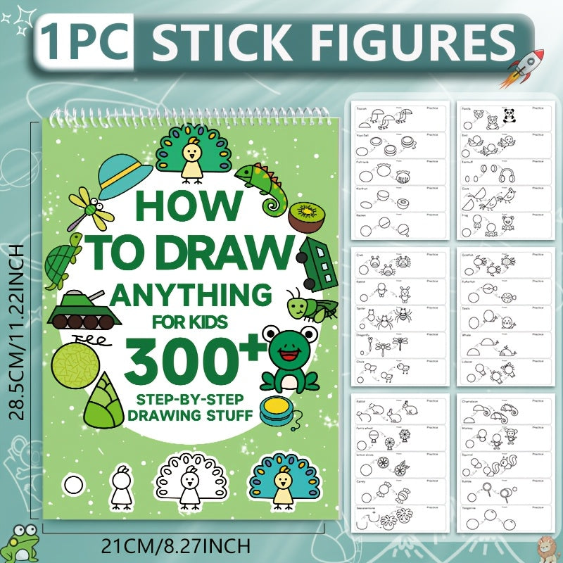 1pc Green Stick Figure Drawing Book for Youngsters - 300+ Step-by-Step Art & Education Toy, Learning Painting Supplies with Cartoon Dinosaur & Frog Designs, Perfect for Creative Writing & Coloring, Youngsters Drawing Book | Playful Design | Spiralbound Bo