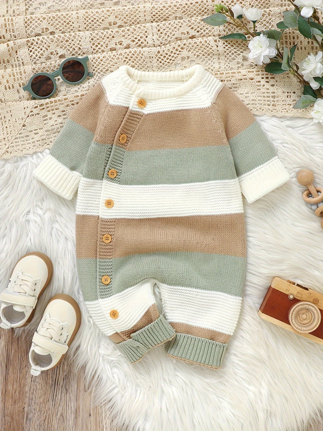 DOVFANNY Baby Boys' Striped Long-Sleeve Romper - Soft Acrylic Knit Jumpsuit with Button Front, Gray & Pink Horizontal Stripes, Perfect for Fall/Winter, Baby Boy Clothes, Fall Winter Apparel, Cozy Infantwear, Playful Infantwear, Durable Infantwear