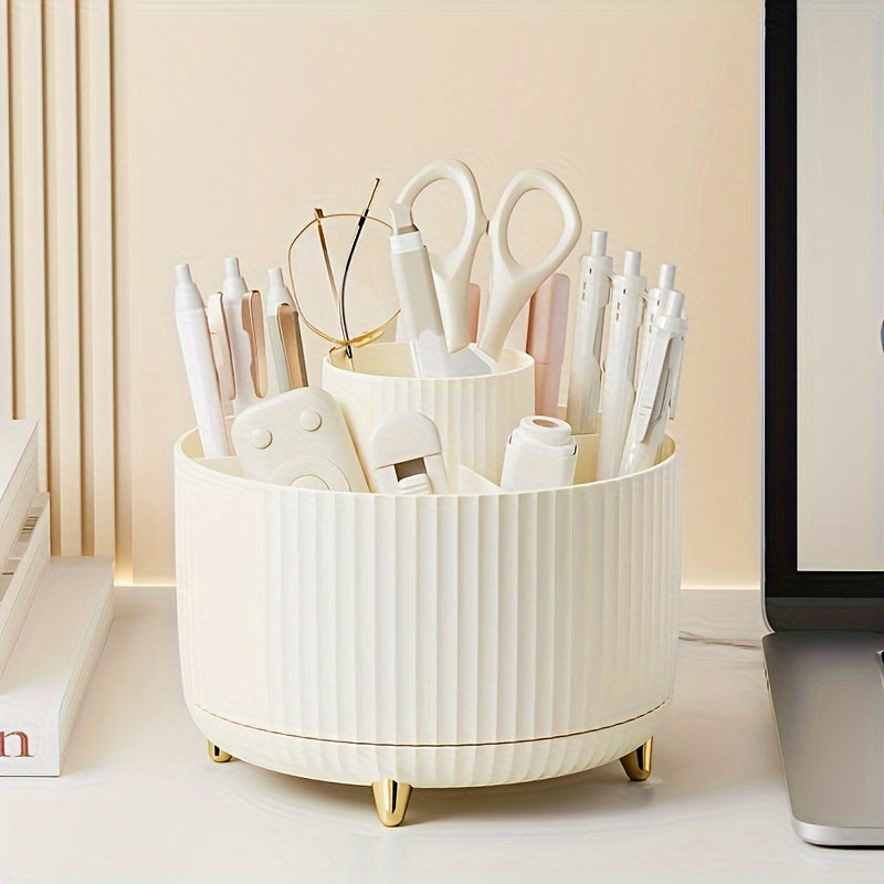 Round Multi-Compartment Rotating Pen Holder - Plastic Desk Organizer for Office Supplies and Cosmetics