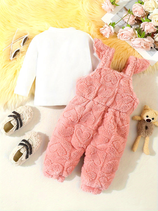 Adorable 2pcs Girls' Outfit Set - Cozy Long Sleeve Top & Heart Pattern Fleece Overalls with Bow Detail, Machine Washable, Perfect for Outdoor