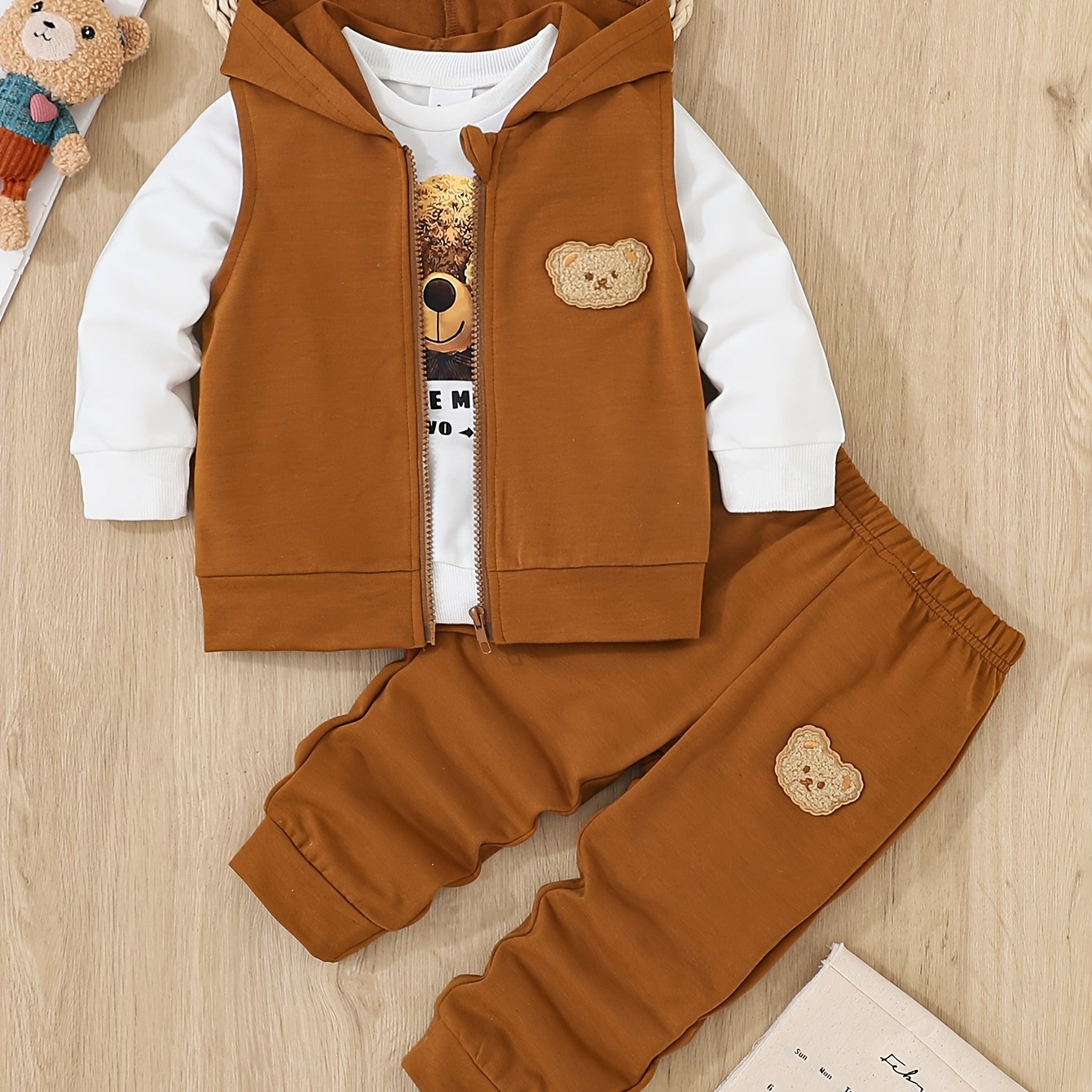 A 3pcs Set for Baby Boys Featuring a Hoodie with Bear And a Vest - Casual Sportswear with Zipper Details, Machine Washable - Perfect for Spring And Autumn, Ideal for Outdoor Activities.