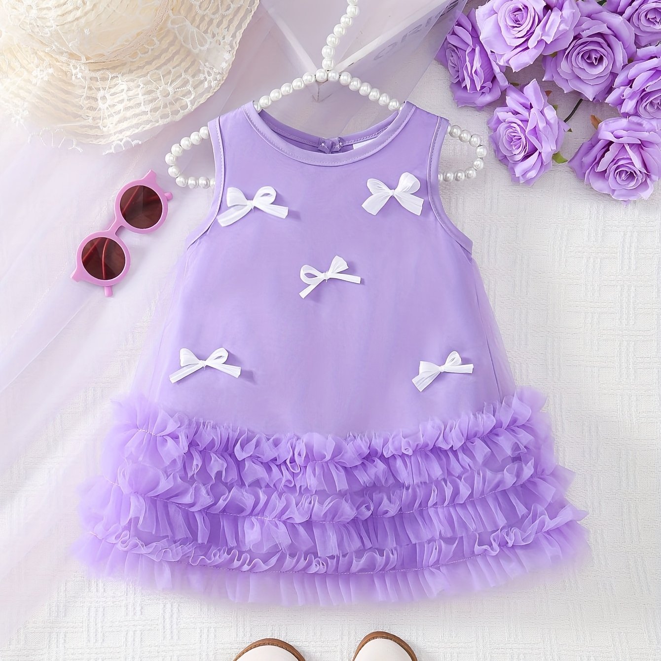 Girls' New Customized Light Pink Sleeveless Round Neck Tulle White Bow Pink Mesh Skirt Lace Casual Outdoor Dress
