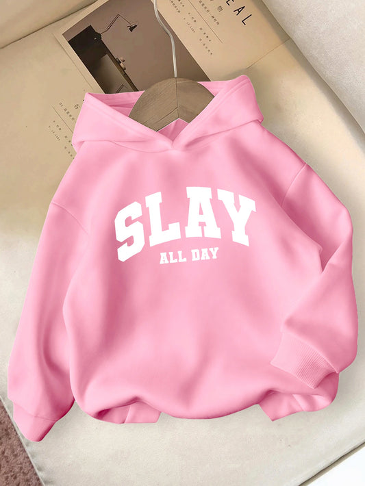 Girls' Pink "SLAY ALL DAY" Hooded Sweatshirt - Casual Long Sleeve Winter Pullover with Bold White Lettering, Regular Fit for Autumn & Winter, Winter Clothes for Girls, Comfortable Fit