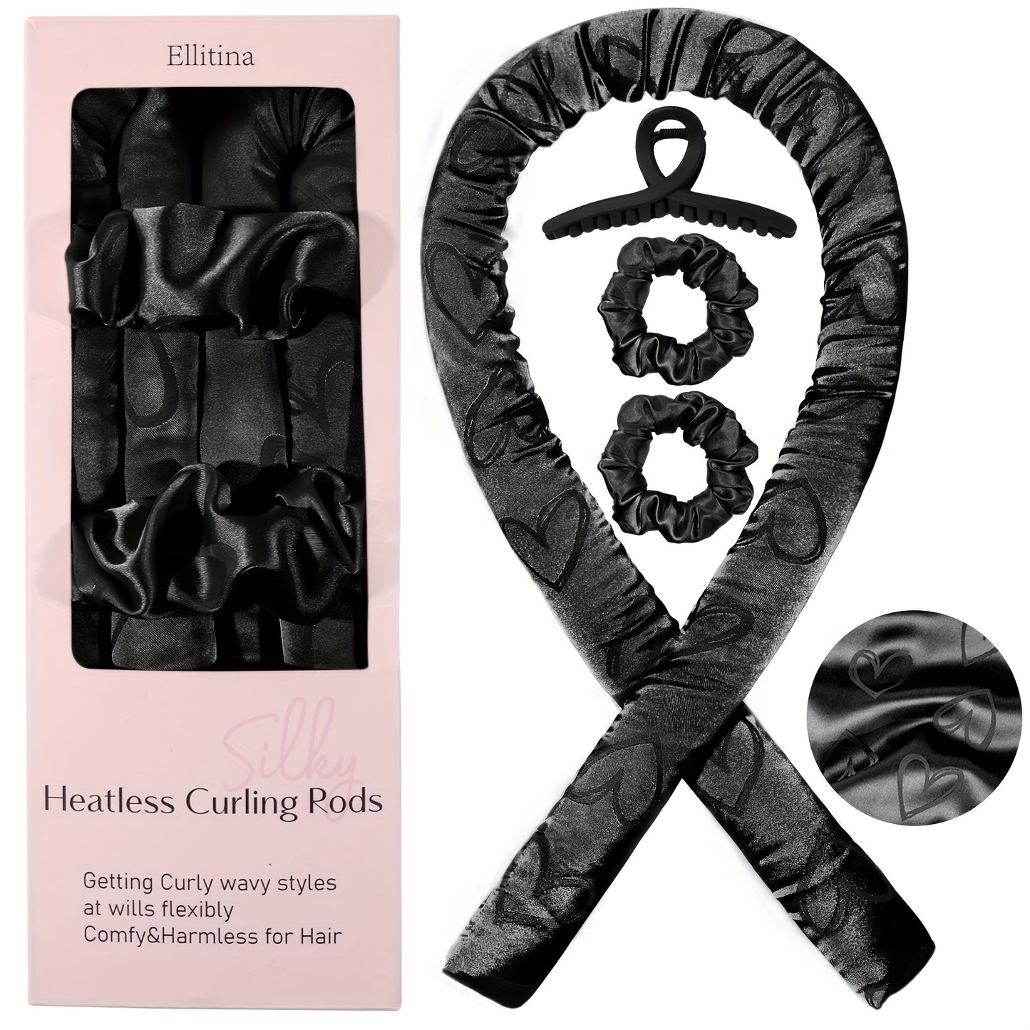 Ellitina 4pcs Spring-Summer Heatless Curling Set - No-Heat Overnight Waves & Satin Travel Kit | Sleep-Soft Adjustable Rod & Headbands (Leopard/Hearts) | DIY Vacation Curls Anywhere | Luxury Mother's Day gift