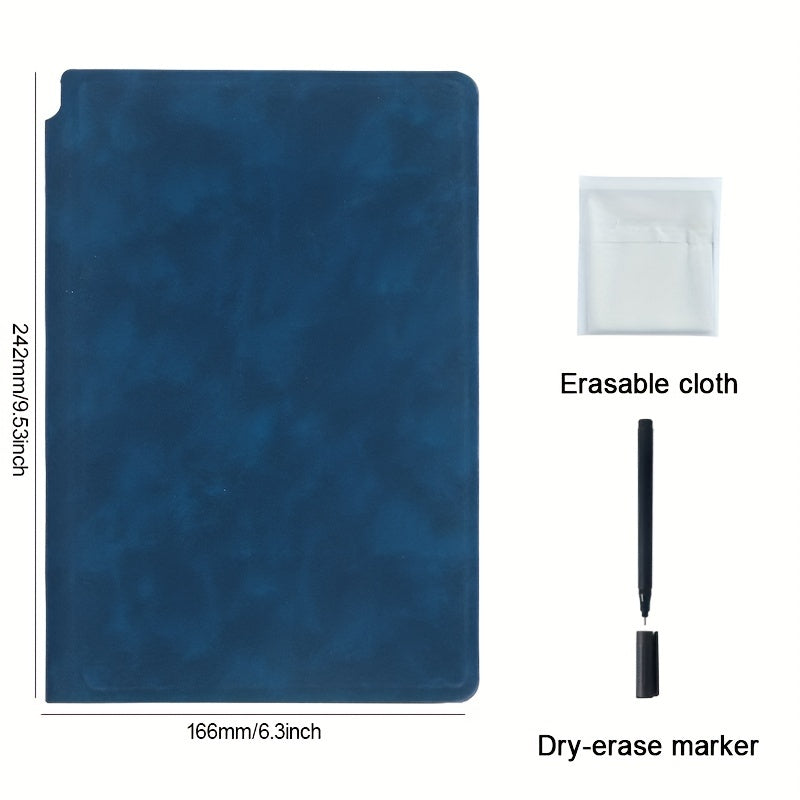 A5 Reusable Whiteboard Notebook with Faux Leather Cover - Portable Weekly Planner, Math Formulae & Illustrations Erase Cleanly, Includes Pen & Cloth, Ideal for Office & School, Notebooks for School