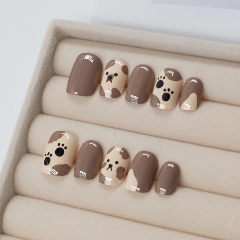 24pcs Cute Bear Design Fake Nails Set - Matte Finish, Animal Patterns, Reusable with Mini Nail File and Jelly Glue Included