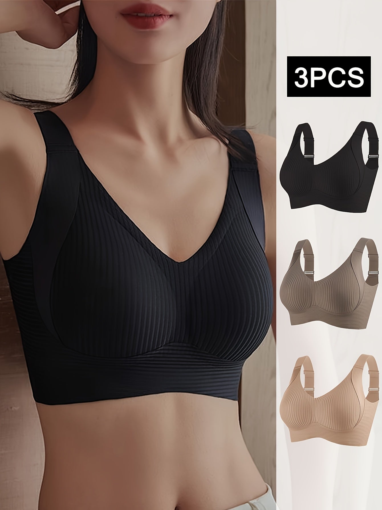 3pcs Women's Push-Up Bras Anti-Sagging Adjustable Comfort Seamless High Support Wire-Free with Removable Pads & Side Smoothing Striped Design - Breathable Soft Fabric for Casual Attire (Light Beige/White/Black), Comfortable Lingerie, Stylish Lingerie, Smo