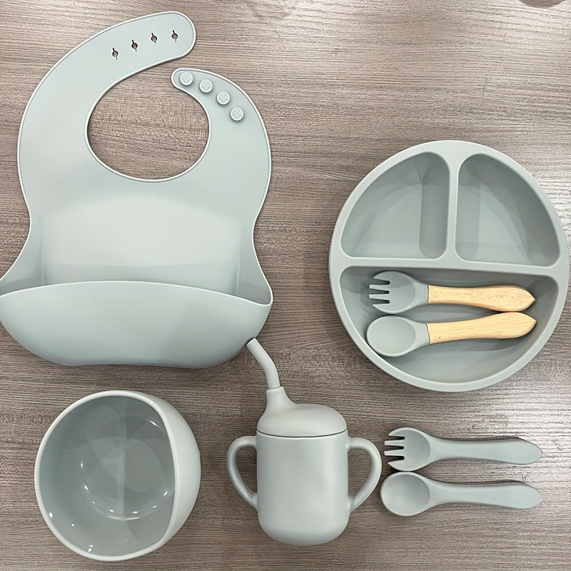 WHZWYK Silicone Baby Feeding Set - Microwave & Oven Safe - For 0-3 Years - Includes Suction Plate, Soft Bowl, Spoons, Forks, Adjustable Bib, Snack Cup - Self-Feeding Supplies
