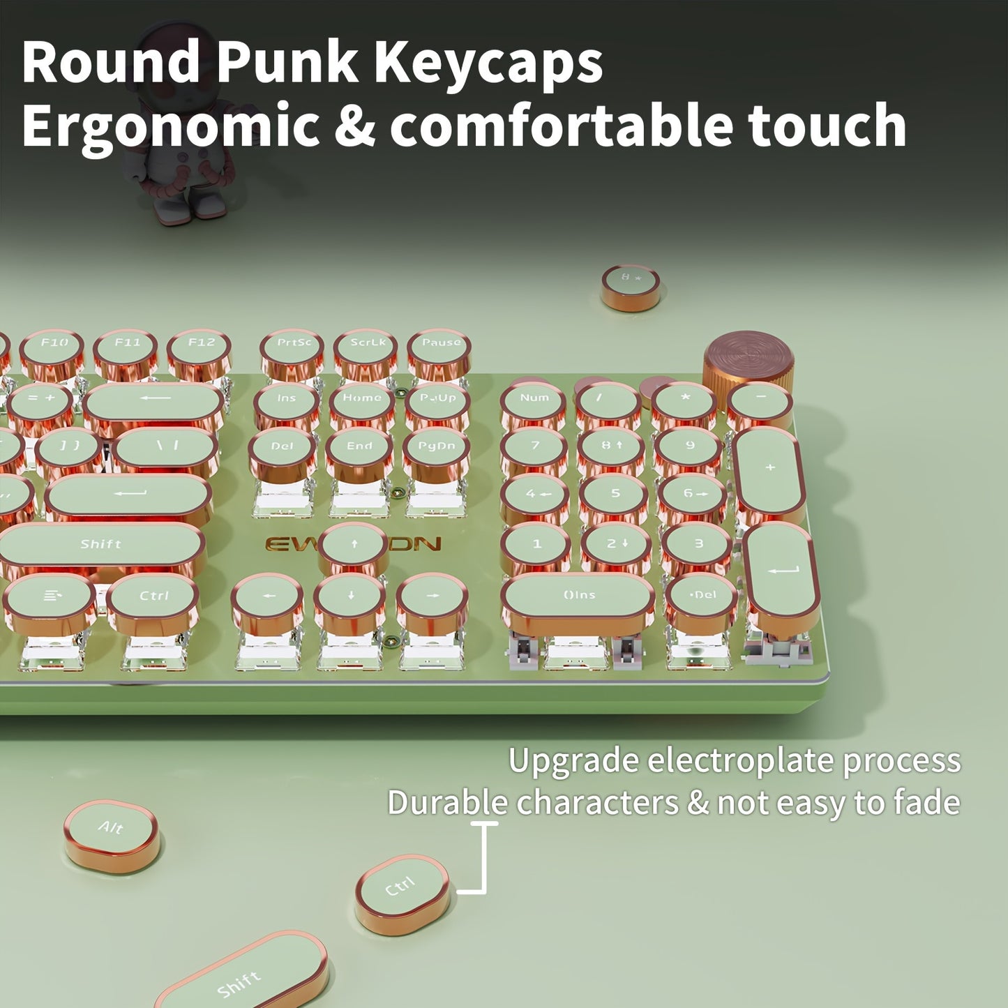 EWEADN Punk Typewriter Mechanical Gaming Keyboard, All-Metal Panel 104Keys Wired Retro Punk Round Keycaps with LED Backlit USB Wired Keyboards, Multimedia knob, Ergonomic Design for Game and Office, for Windows Laptop PC Green Peripherals
