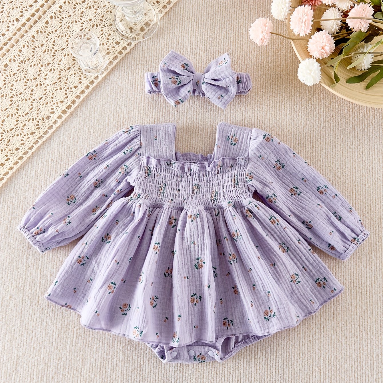 Baby Princess Dress with Small Floral Print And Climbing Suit