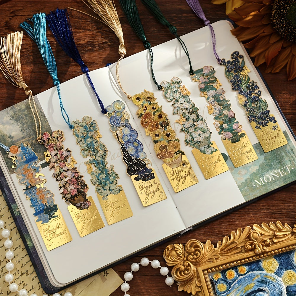 8pcs Metal Vintage Artistic Bookmarks with Long Tassels, Retro Hollow Design for Book Lovers, Students & Office Use