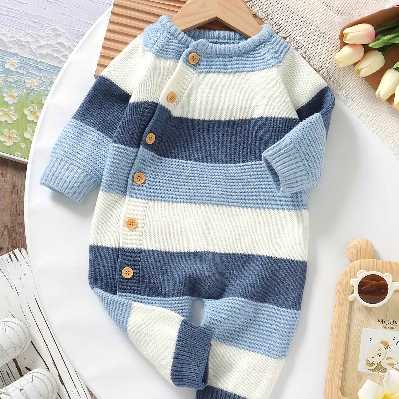 DOVFANNY Baby Boys' Striped Long-Sleeve Romper - Soft Acrylic Knit Jumpsuit with Button Front, Gray & Pink Horizontal Stripes, Perfect for Fall/Winter, Baby Boy Clothes, Fall Winter Apparel, Cozy Infantwear, Playful Infantwear, Durable Infantwear
