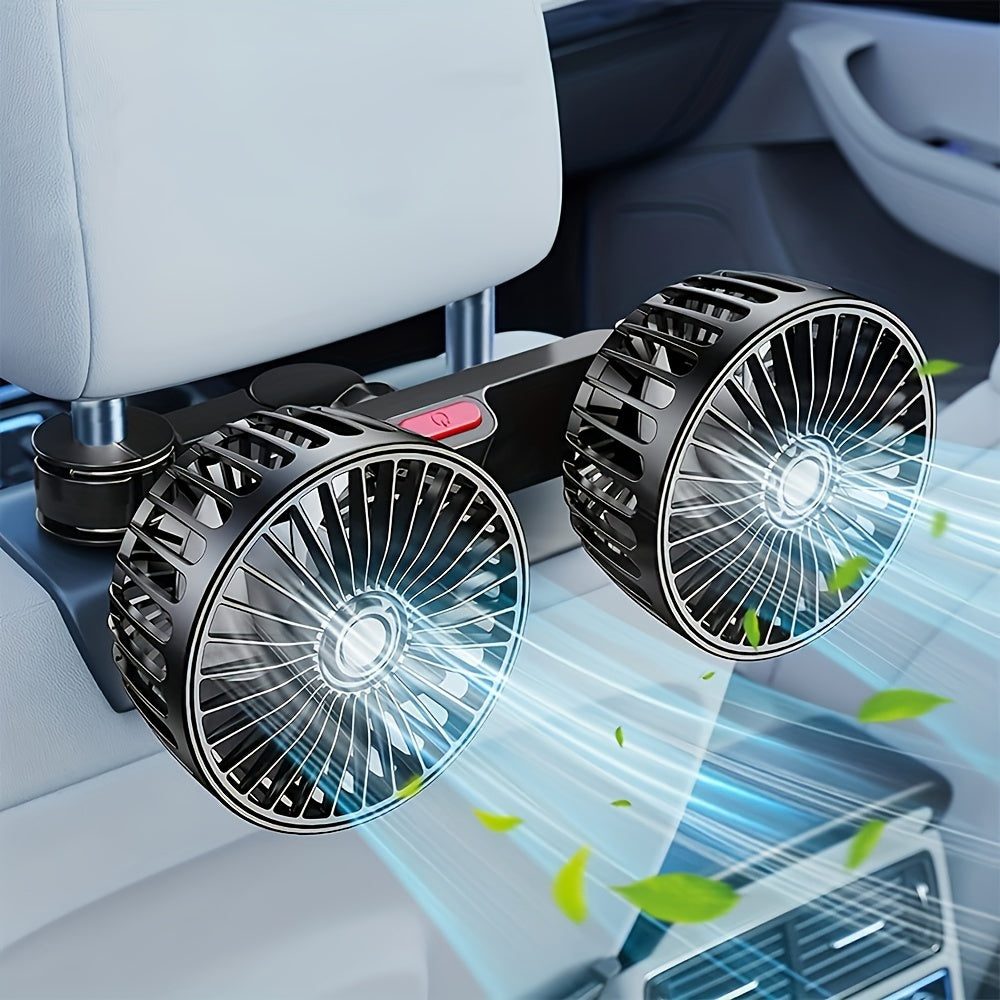 Car Fan, Dual-Head Car Ventilator, High Airflow Rear Seat Fan with Adjustable Speeds and Multi-Angle Rotation for Strong Wind Power