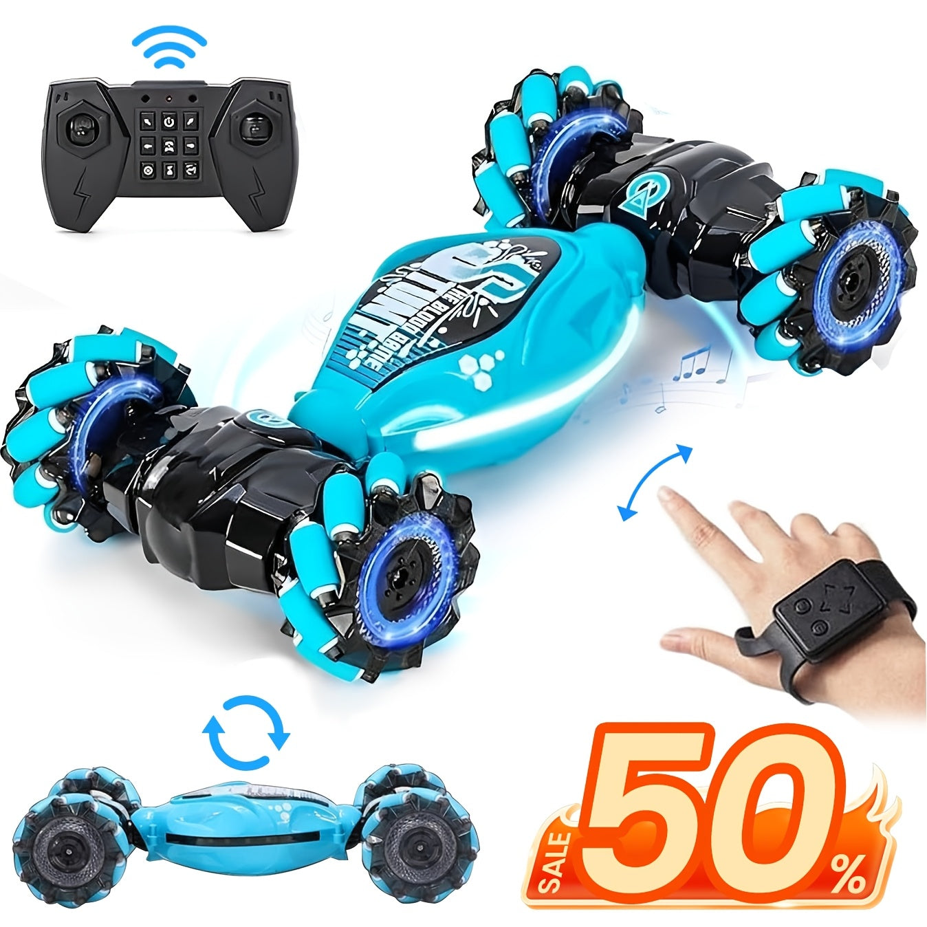 Remote Control Car Toys, Hand Control Remote Control Car for Boys All Terrain Monster Truck Gesture Remote Control Stunt Car 360° Flip for Children Over 14 Years Old with Lights Music