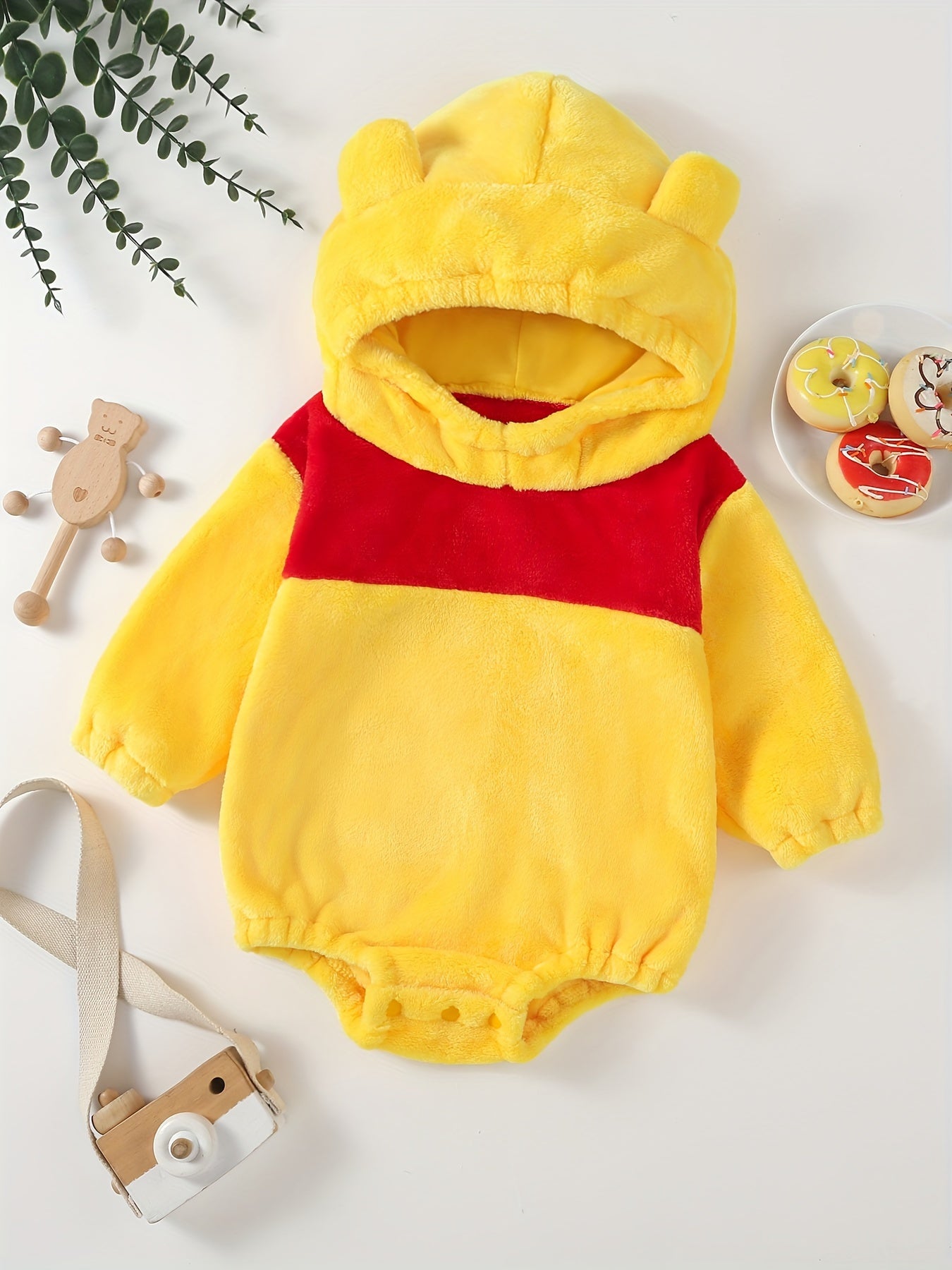 Baby's Cute Bear Character Themed Warm Fuzzy Hooded Long Sleeve Bodysuit, Toddler & Infant Girl's Onesie For Spring & Fall Outdoors