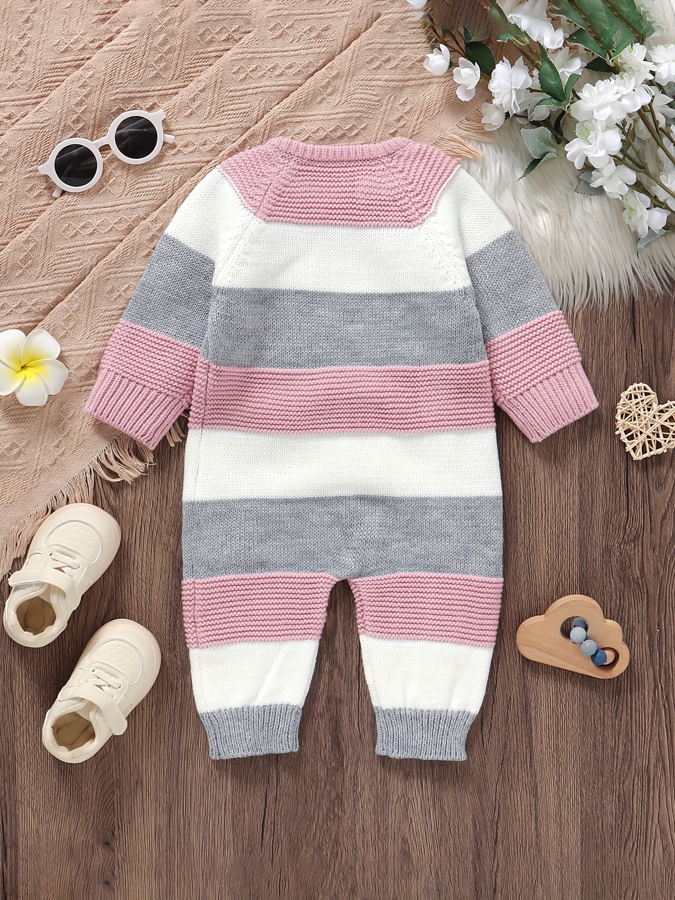 DOVFANNY Baby Boys' Striped Long-Sleeve Romper - Soft Acrylic Knit Jumpsuit with Button Front, Gray & Pink Horizontal Stripes, Perfect for Fall/Winter, Baby Boy Clothes, Fall Winter Apparel, Cozy Infantwear, Playful Infantwear, Durable Infantwear