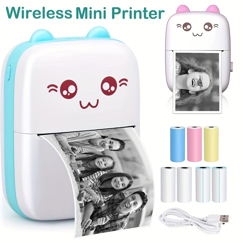 Compact Portable Wireless Mini Thermal Printer with Cute Cat Design, 200Dpi, USB Rechargeable, Photo & Label Printing, Includes USB Cable & Inkless Kit, Ideal for Travel & Home Use, Photo Printing | Wireless Connectivity | USB Rechargeable Printer