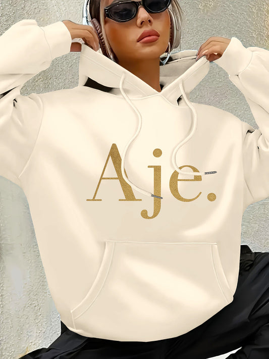 Aje Women's Fleece-Lined Hooded Sweatshirt - Golden Foil Lettering Print, Cozy Casual Pullover for Fall/Winter, Machine Washable, Cute Sweatshirts, Winter Outfit, Relaxed Fit, Comfortable Material, Printed Hoodie, Streetwear Lovers, Fall Fashion, Trendy H