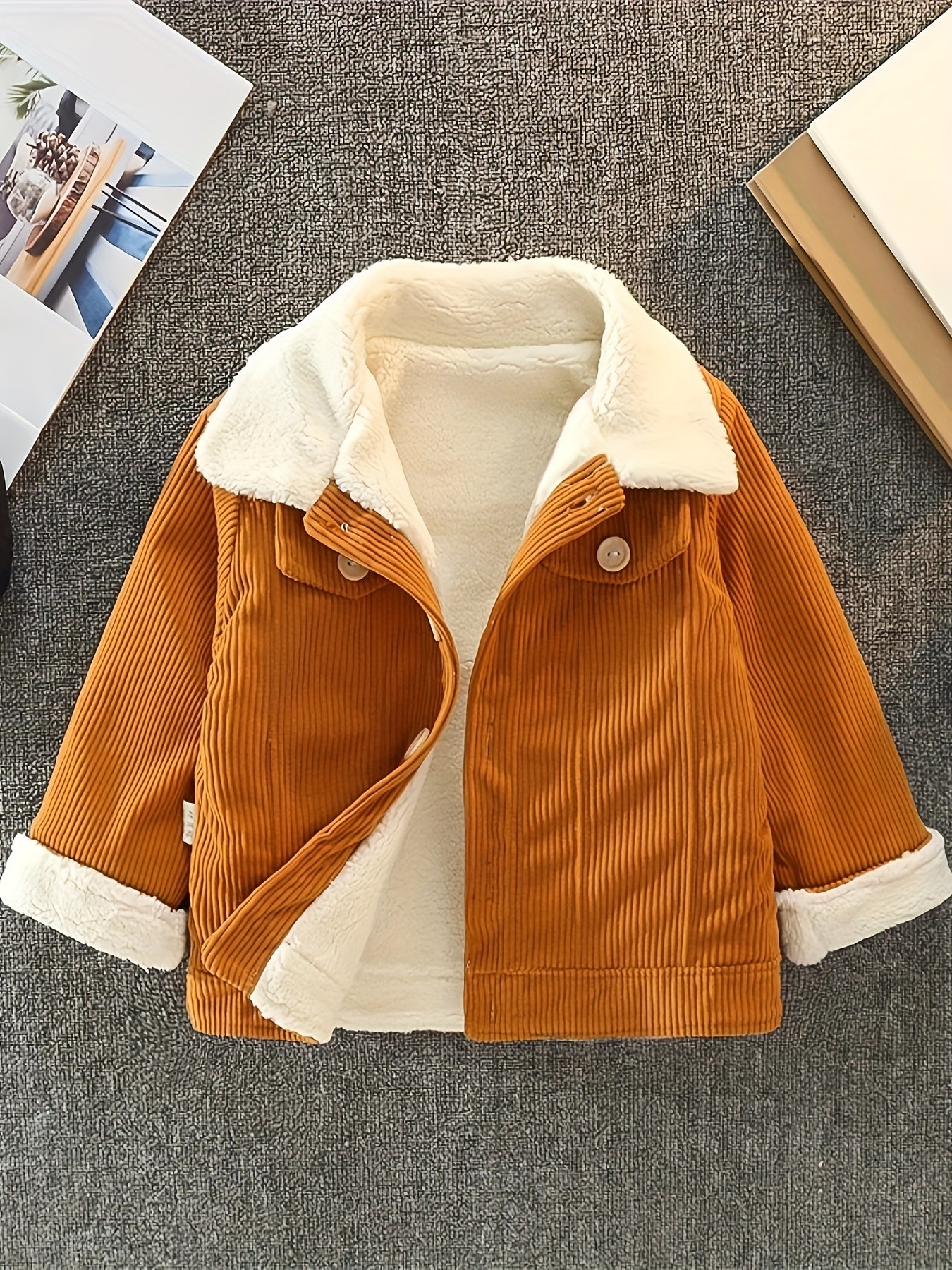 Boys Corduroy Fleece Jacket, Thick Button Front Coat, Boy's Clothes For Spring Fall Outdoor