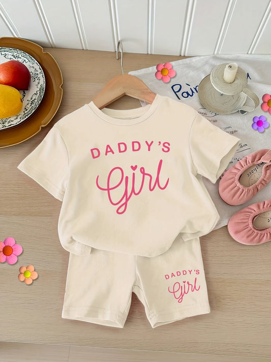 Girls Summer Outfit, "Daddy'S Girl" Letter Print Knit Top and Shorts Set, Soft Comfortable Casual Polyester 95% with 5% Elastane, Slight Stretch, Round Neck, Short Sleeve - Fashion Clothing, for Outdoor