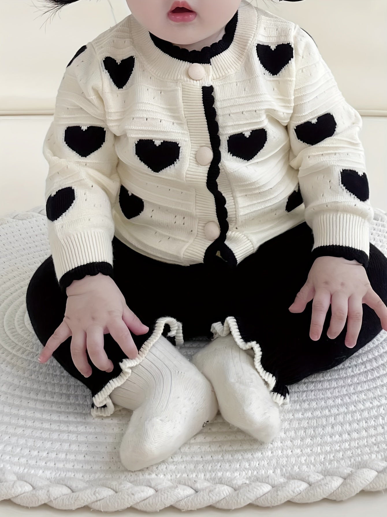 Newborn Baby Clothes Spring/Autumn Set for Girls with Heart Open Cardigan and Hollow Out Sweater Jacket Knit Pants Two-Piece Suit, Perfect for Outdoor