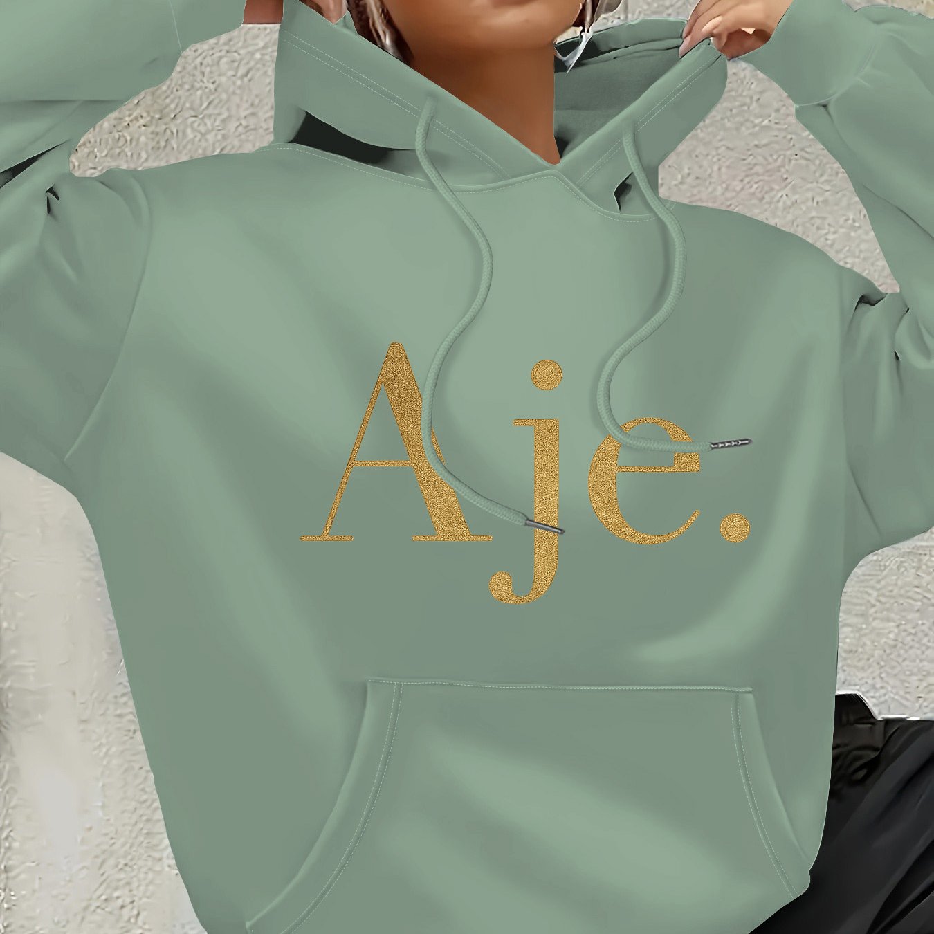 Aje Women's Fleece-Lined Hooded Sweatshirt - Golden Foil Lettering Print, Cozy Casual Pullover for Fall/Winter, Machine Washable, Cute Sweatshirts, Winter Outfit, Relaxed Fit, Comfortable Material, Printed Hoodie, Streetwear Lovers, Fall Fashion, Trendy H
