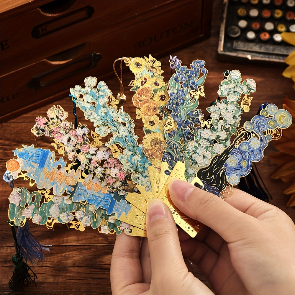 8pcs Metal Vintage Artistic Bookmarks with Long Tassels, Retro Hollow Design for Book Lovers, Students & Office Use