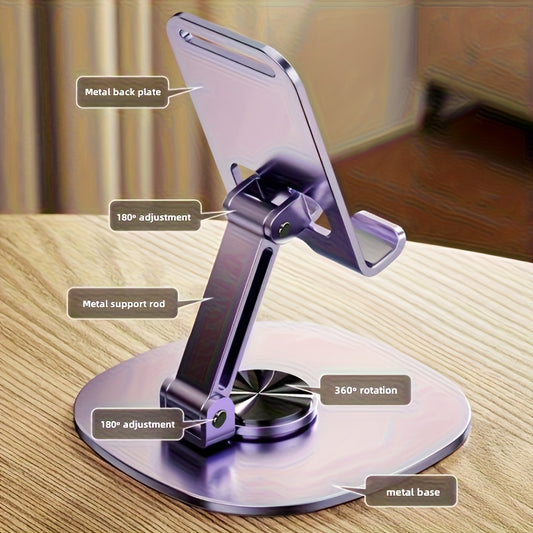 Aluminum Alloy Phone Stand - Waterproof, 360° Rotating Desk Mount with 2-Stage Adjustable & Foldable Design for Office and Bedstand Use