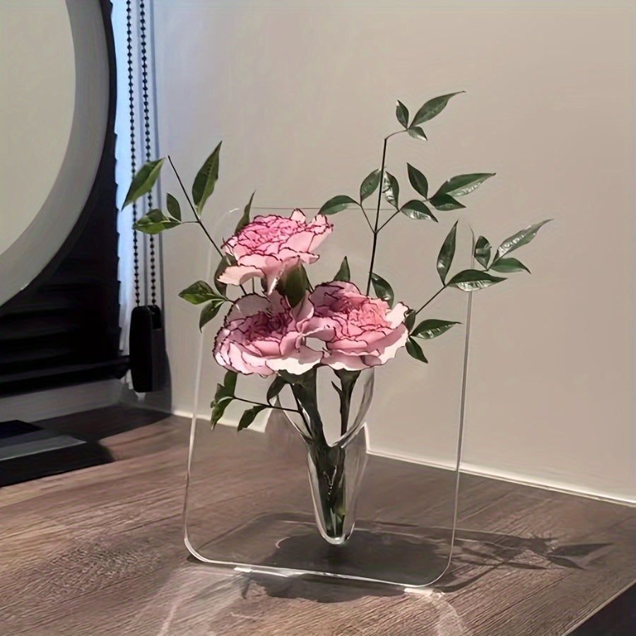 1 Piece Art Deco Style Acrylic Resin Bud Vase - Geometric Transparent Oblong Flower Vase - Creative Picture Frame Design - Decorative Home Office Desktop Accessory, Small Gift
