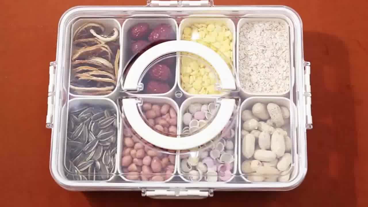 1pc Clear 8 Compartments Divided Serving Tray With Lid And Handle, Snackle Box, Charcuterie Container, Portable Snack Platters For Party, Kitchen Supplies