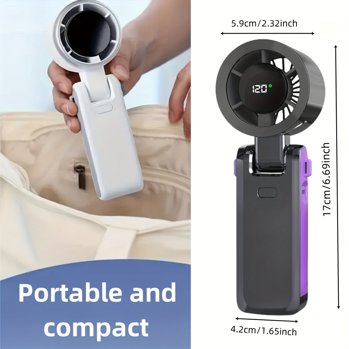 FJB 120W Portable Handheld Turbo Fan with Air Turbine Technology, 3-in-1 USB Rechargeable Lithium Battery, 12-Hour Working Time, Bright LED Display, Durable ABS Material, Ideal for Outdoor Activities, Travel, and Work, Personal Cooling Device | Versatile