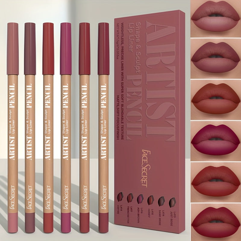 Long-Lasting & Non-Drying 6pcs Velvet Matte Lip Liner Pencils Set - Perfect for Lining & Filling Lips - Versatile Shades for All Skin Types, Includes Berry, Brown, Pink, Purple, Red Tones