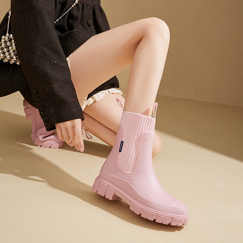 Women'S Chelsea Rain Boots - Slip-Resistant Thick Sole, Round Toe, PVC Upper & Sole, Comfortable Fabric Inner & Insole, Versatile Outdoor Footwear for Casual Attire, Versatile Outdoor Shoes | Chelsea Rain Boots | Durable PVC Materia