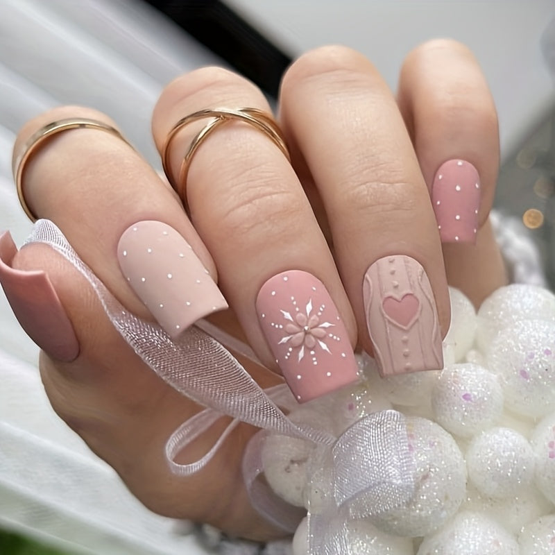 24pcs of Girlie Pink Sweet Heart-Shaped French Matte Textured False Nails Ready to Wear.