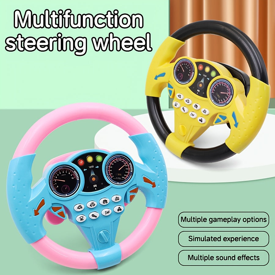 Kids Driving Simulator Steering Wheel Toy with Suction Cups, Interactive Car Wheel for Educational Play, Plastic Material, Multi-Functional with Sound Effects, Gift for Children - Pink & Yellow