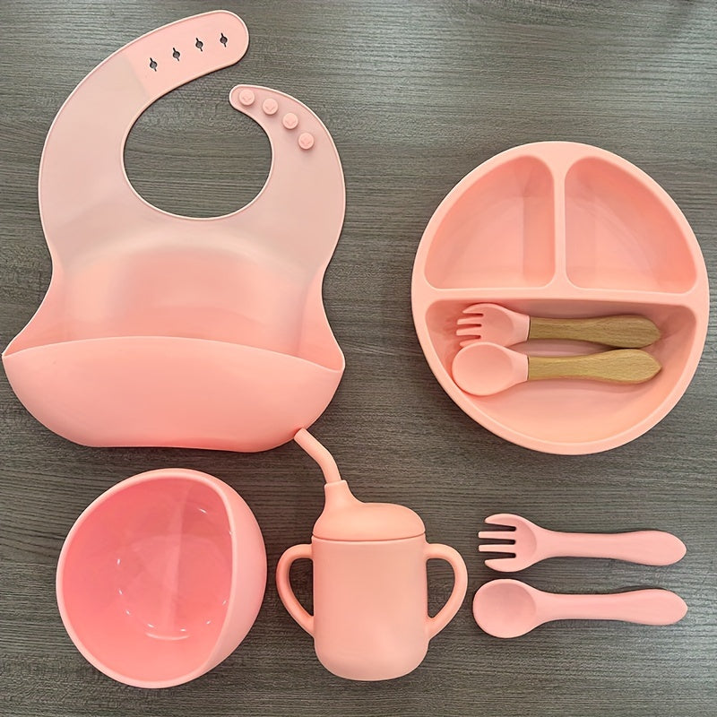 WHZWYK Silicone Baby Feeding Set - Microwave & Oven Safe - For 0-3 Years - Includes Suction Plate, Soft Bowl, Spoons, Forks, Adjustable Bib, Snack Cup - Self-Feeding Supplies