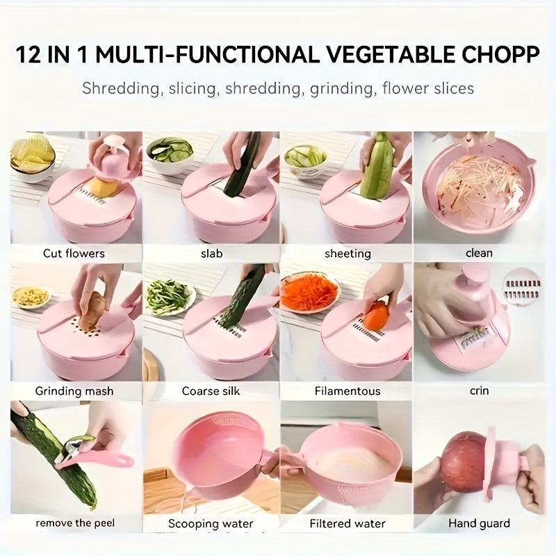 12-in-1 Manual Vegetable Chopper and Mandoline Slicer - Stainless Steel, Non-Rechargeable, Multi-Purpose Kitchen Grater with Hand Guard - Ideal for Shredding, Slicing Carrots, Potatoes, Cucumbers - Perfect Mother'S Day Gift