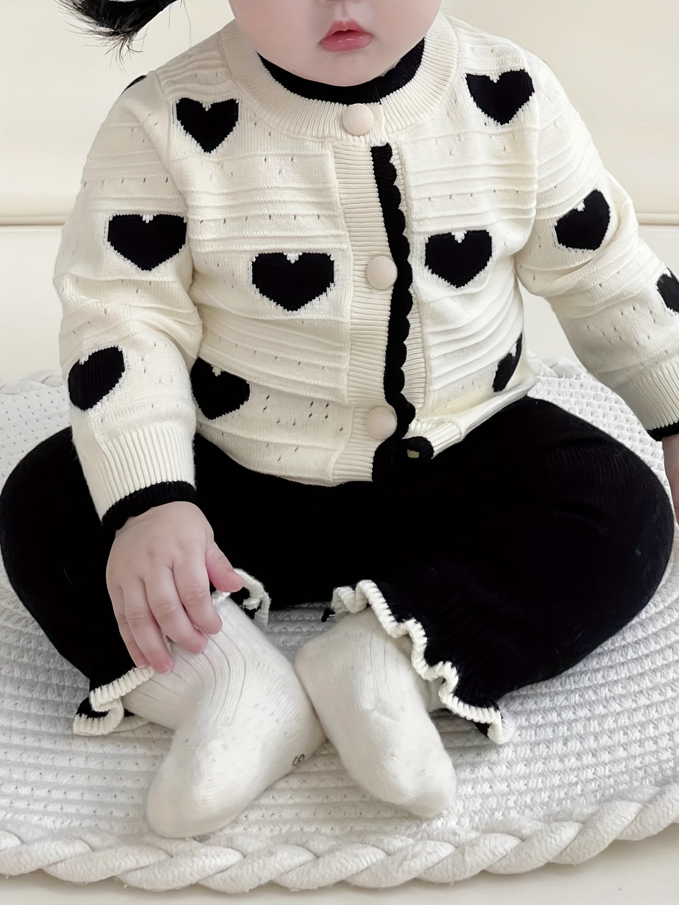 Newborn Baby Clothes Spring/Autumn Set for Girls with Heart Open Cardigan and Hollow Out Sweater Jacket Knit Pants Two-Piece Suit, Perfect for Outdoor