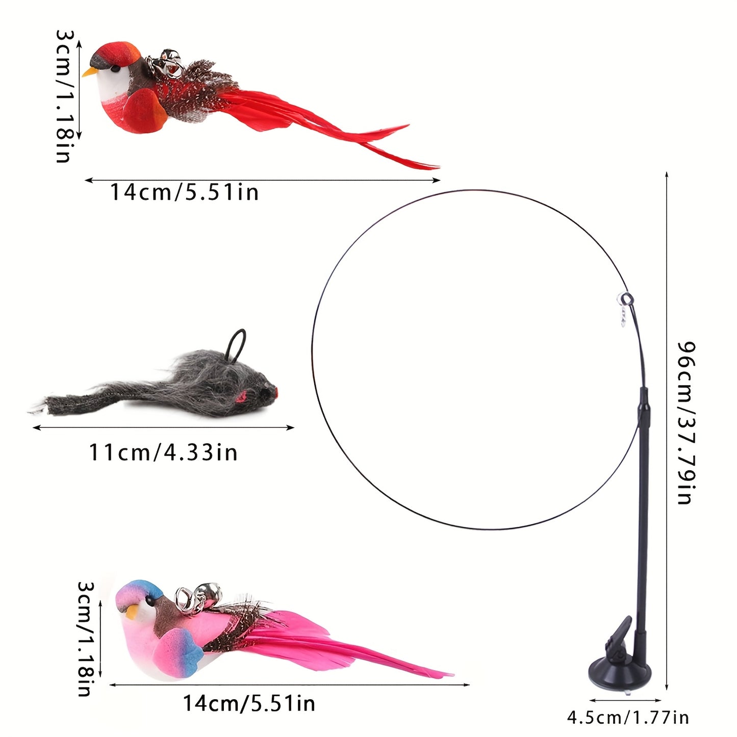3pcs Cat Toy Stick Set with Simulated Bird and Mouse, Hands-Free Bird Cat Stick Long Pole Dual Rod with Bell Strong Suction Cup Interactive Cat Toy for Kittens Hunting Pet Supplies Accessories Handmade Toy Suitable as a Birthday Gift for Cats Faux Feather