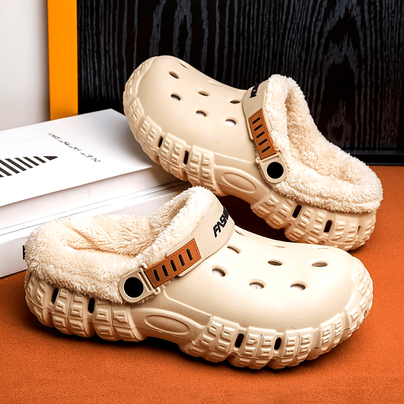 Unisex Winter Fleece-Lined Slip-On Clogs with Removable Plush Inner Lining, Non-Slip EVA Sole & Thick Insulation for Snow & Cold Weather - Beige Casual Shoes for Men and Women, Winter Shoes, Outdoor Footwear, Unique Tread Pattern, Durable Grip Footwear