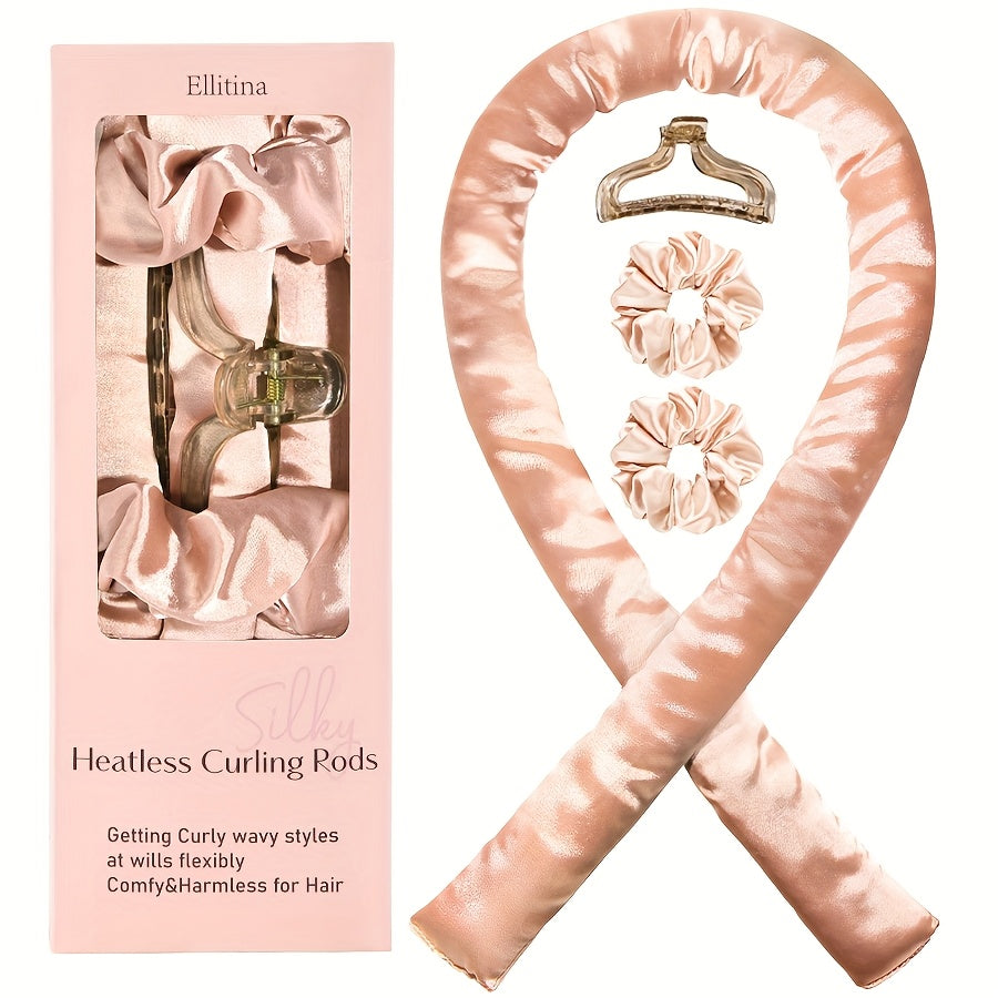 Ellitina 4pcs Spring-Summer Heatless Curling Set - No-Heat Overnight Waves & Satin Travel Kit | Sleep-Soft Adjustable Rod & Headbands (Leopard/Hearts) | DIY Vacation Curls Anywhere | Luxury Mother's Day gift
