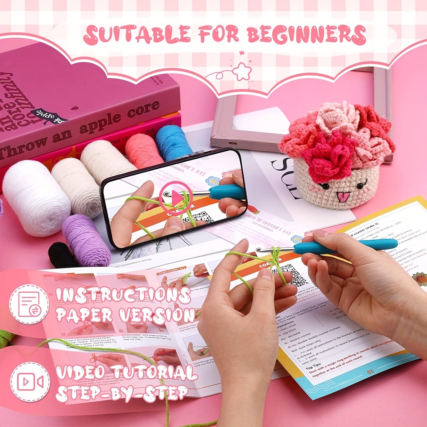 Crochet Set for Making Coasters Shaped Like Potted Plants, Complete with Video Guides And Crochet Hooks for Grown-Ups.