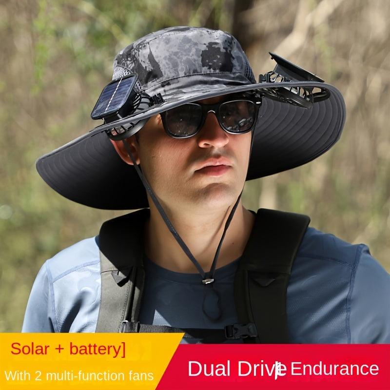 Outdoor Solar Multifan Fan Hat. In-Ward Detachable Dual Fan. Adjustable Three Wind Speed with USB Charging Interface. Suitable for Outdoor Leisure Fishing Hat. Fisherman Hat. Sunscreen Hat. Outdoor Sunshade Hat. Hiking Hat.