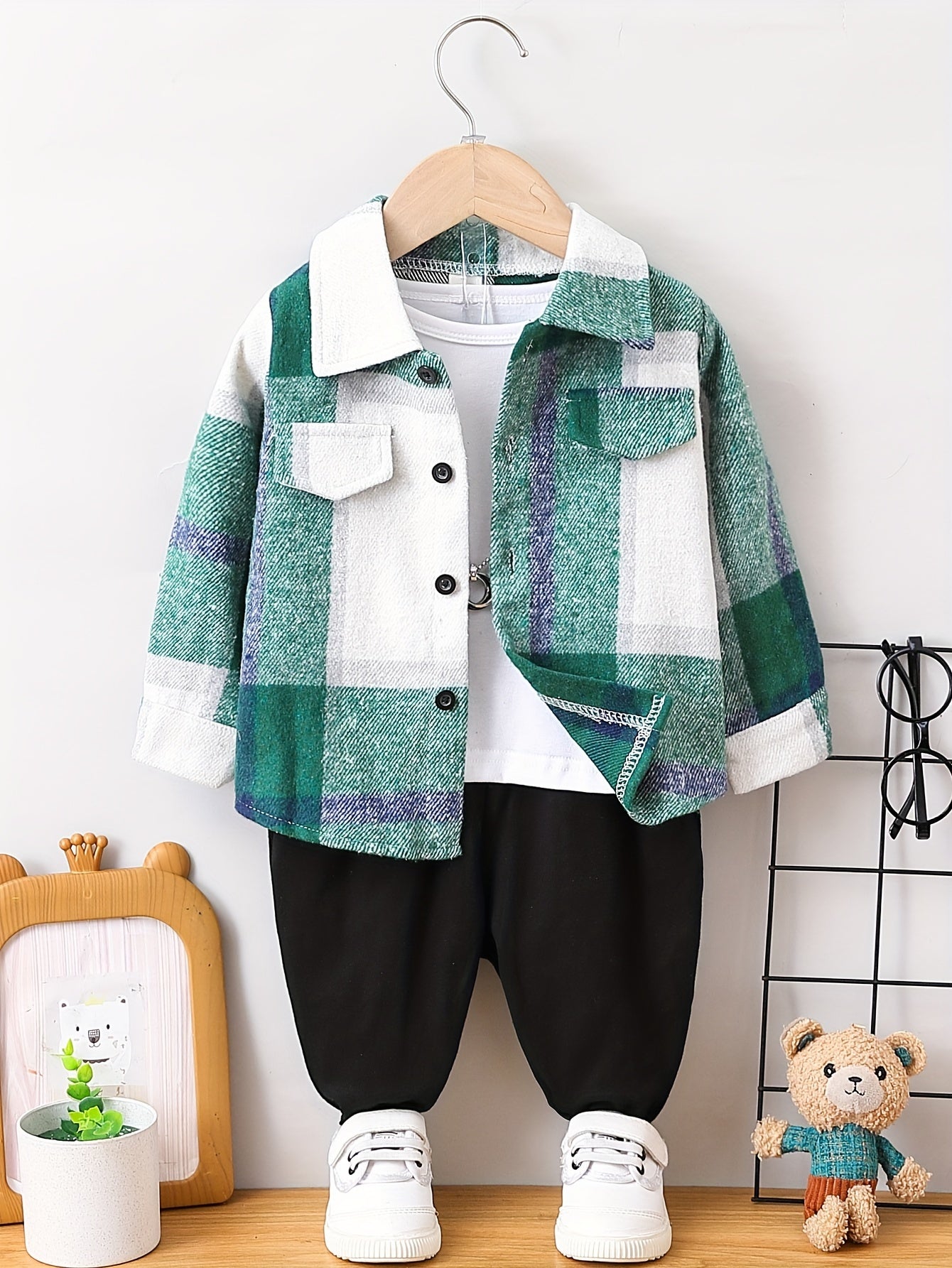 Baby Boys Stylish Lapel Plaid Coat Solid Color Trousers 2pcs Cotton Outdoor Set For Autumn And Winter Without T-shirt