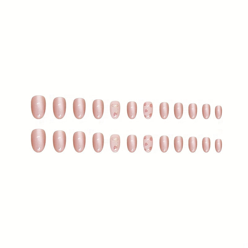 24pcs Cute Strawberry & Bowknot Removable Press-On Nails - Pink Cat Eye Effect, Short Oval False Nails with Glossy Finish, Easy to Wear & Remove, Perfect for Casual Attir