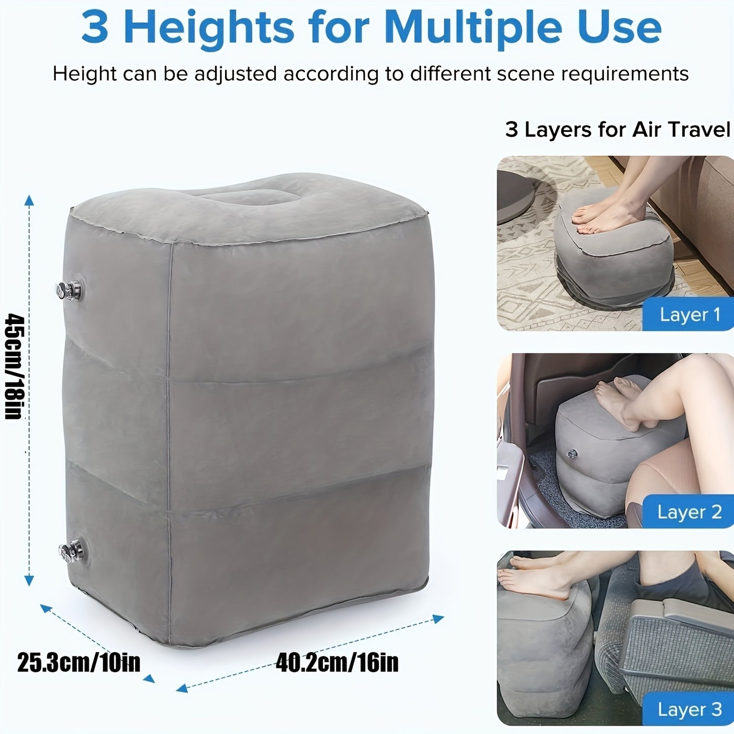 Adjustable Height Inflatable Foot Rest Pillow for Air Travel, Car, RV, Train, Home, Office - Soft Padded Comfortable Foot Rest for Parents Travel Essentials, Inflatable Footrest, Travel Accessory, Compact Design, Durable Material, Home Use